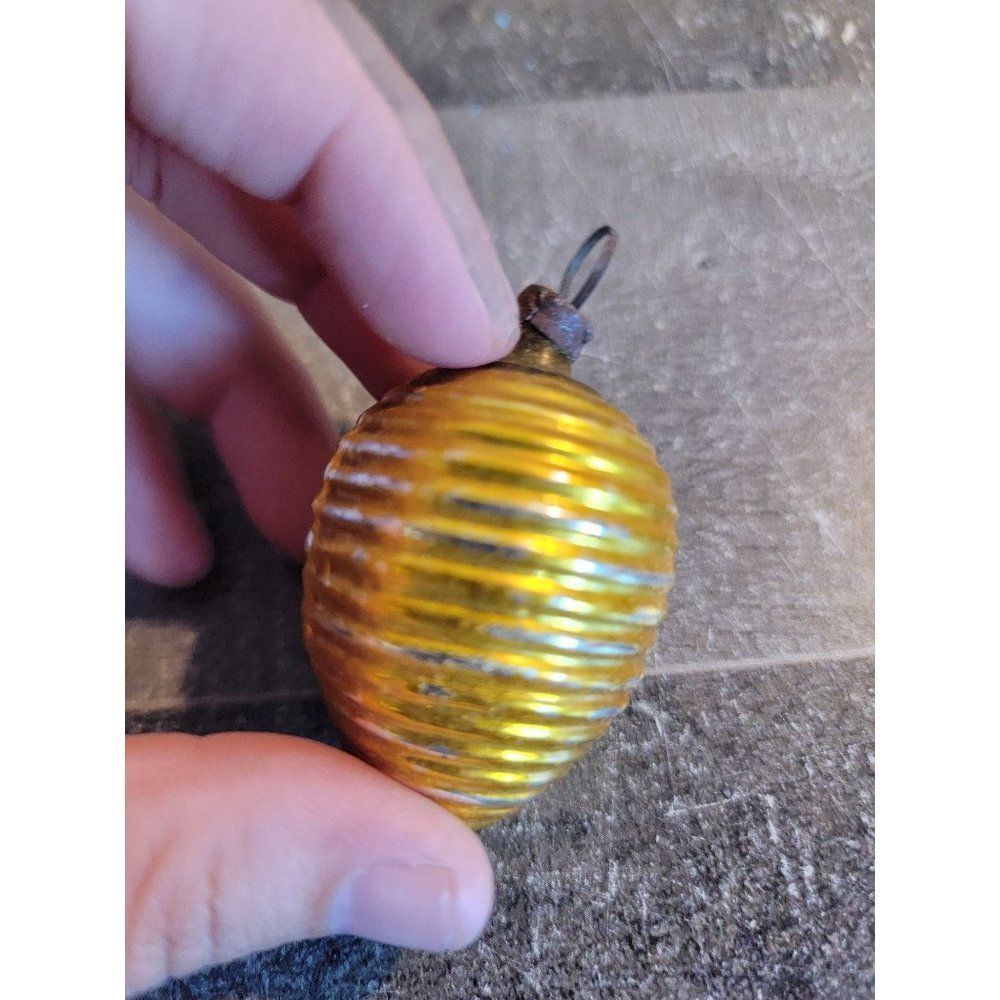 Golden yellow mini vintage threaded blown glass ornament Xmas decor